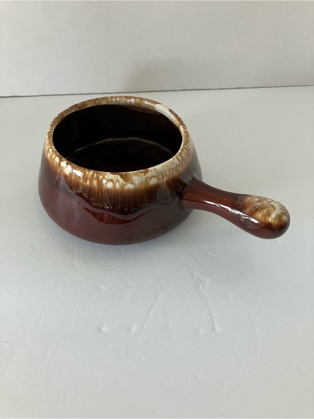 Vintage Drip Glaze Ceramic Saucepan with Handle - Brown & Cream